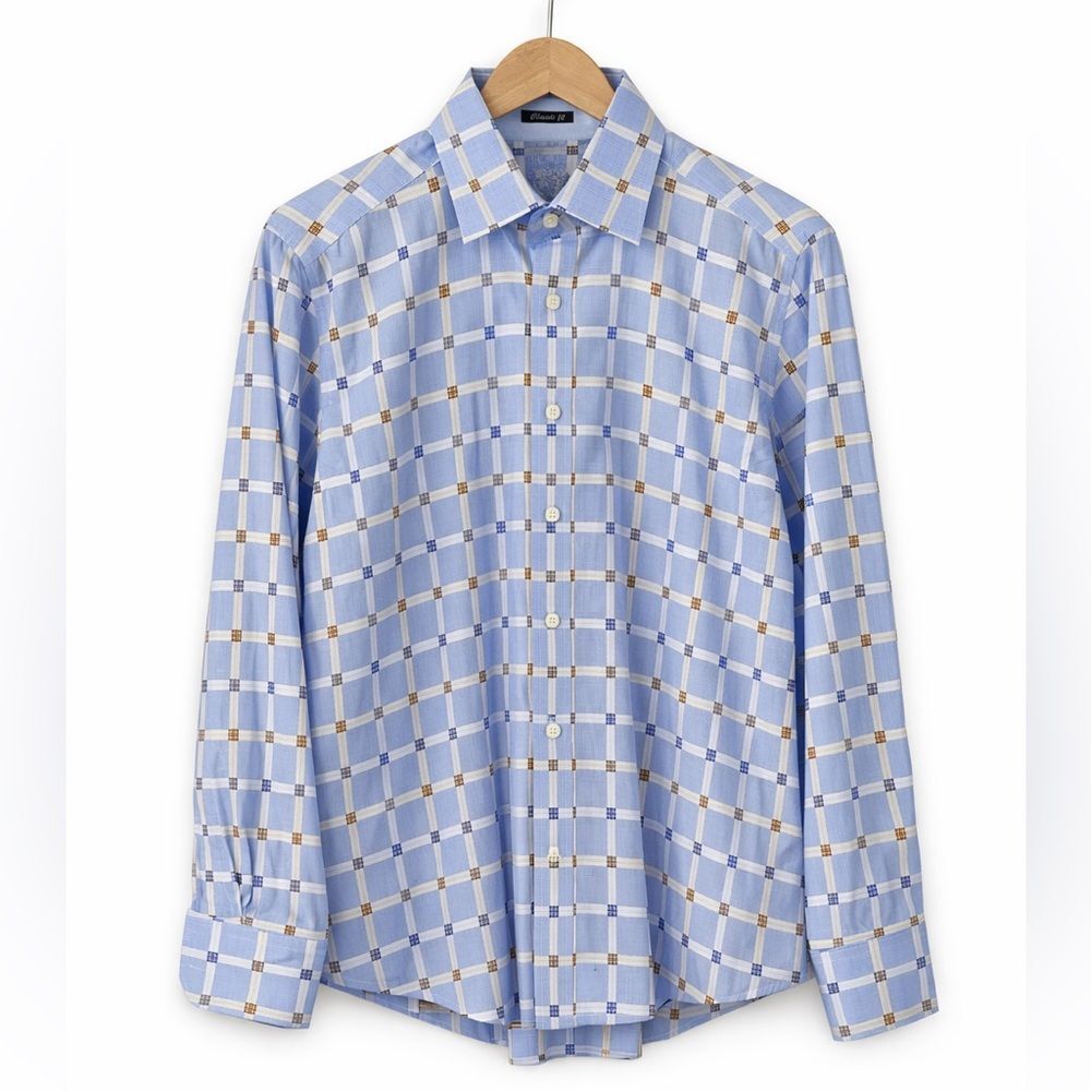 Bugatchi Light Blue and Tan Checkered Shirt US XL Office Wedding Party NWOT